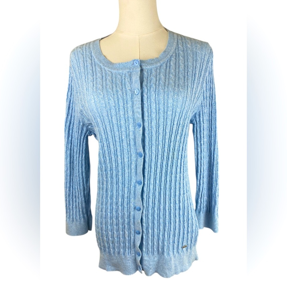 Tommy Hilfiger Women’s Large Light Blue Cable Knit Button Cotton Preppy Cardigan